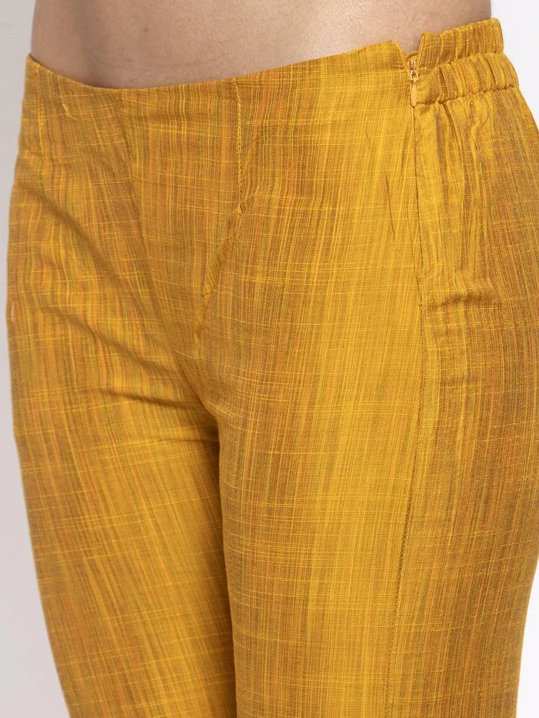 Women Yellow Self-Striped Kurta With Trousers & Art Silk Printed Dupatta