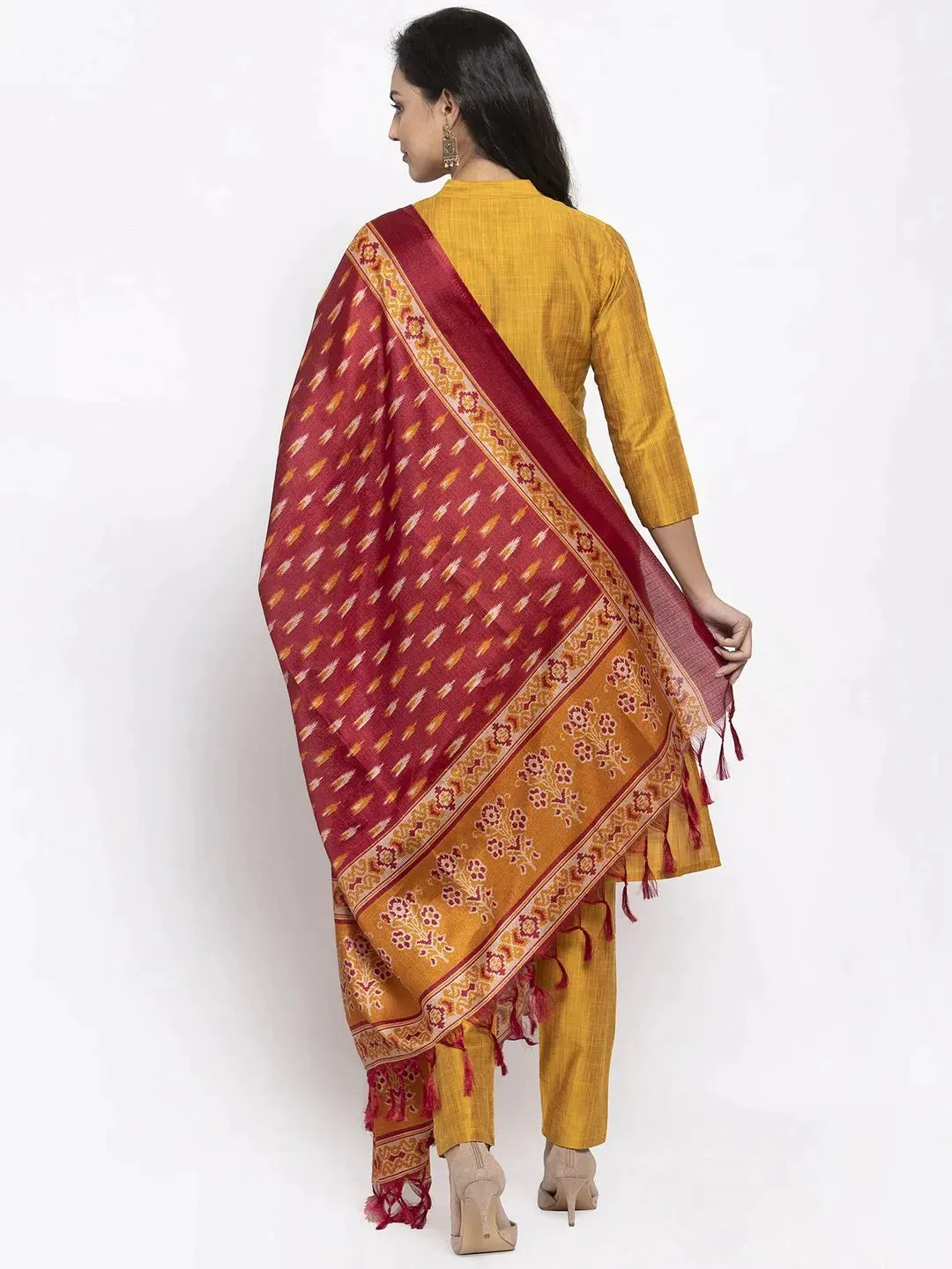 Women Yellow Self-Striped Kurta With Trousers & Art Silk Printed Dupatta