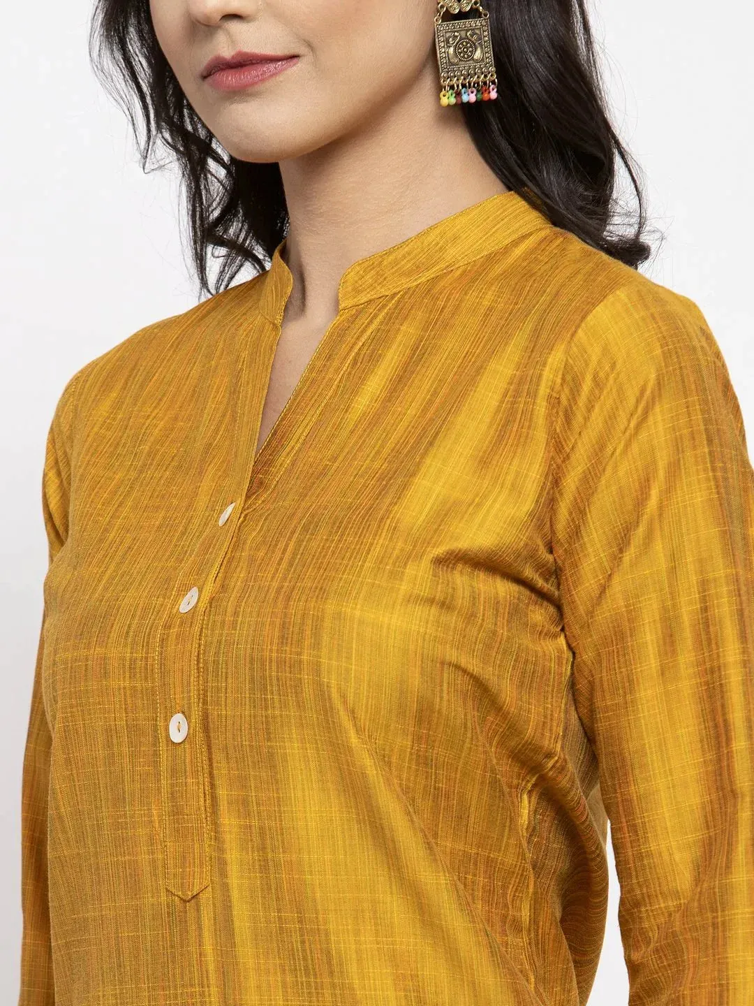 Women Yellow Self-Striped Kurta With Trousers & Art Silk Printed Dupatta