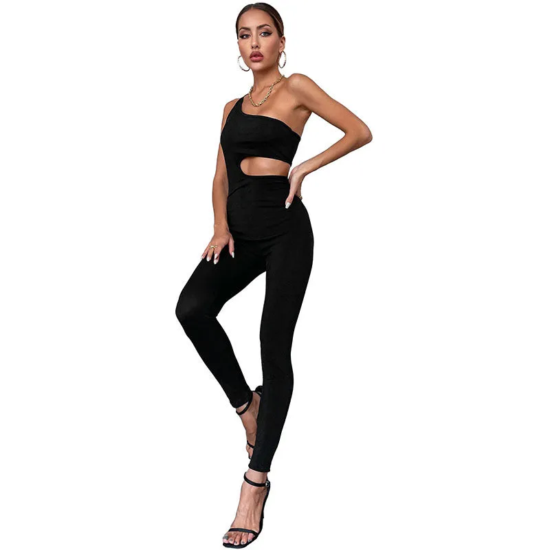 Women's Black Hollow One-shoulder Off-the-shoulder Solid Color jumpsuit sports