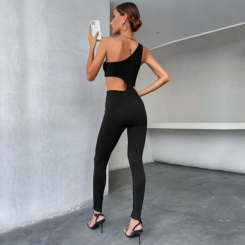 Women's Black Hollow One-shoulder Off-the-shoulder Solid Color jumpsuit sports