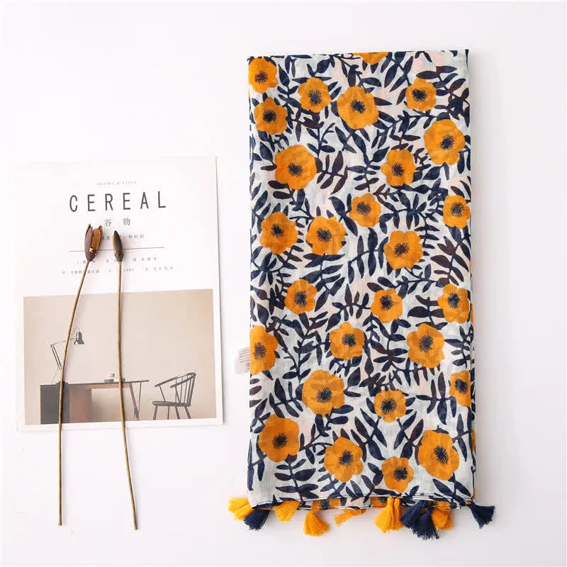 Women's Bohemian Print Floral Tassel Scarf