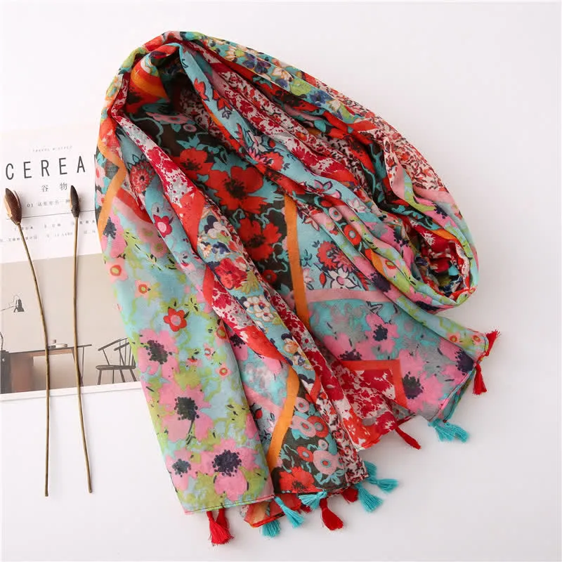 Women's Bohemian Print Floral Tassel Scarf