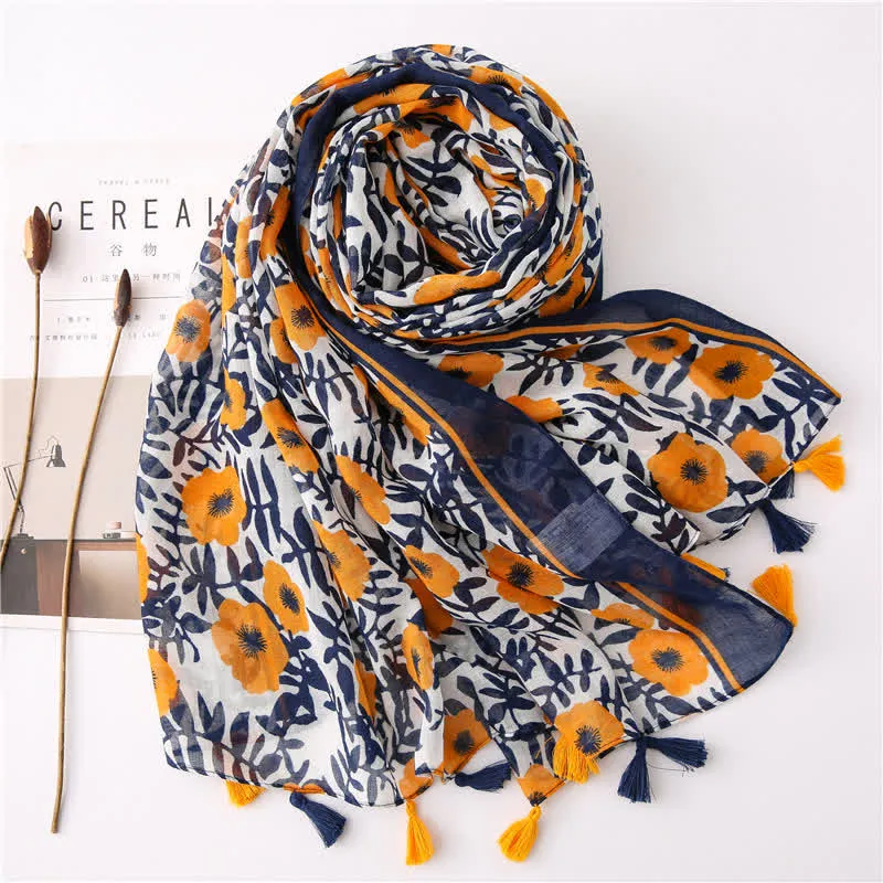 Women's Bohemian Print Floral Tassel Scarf