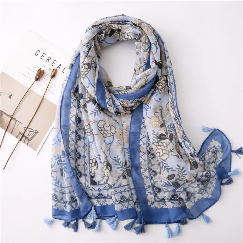 Women's Bohemian Print Floral Tassel Scarf