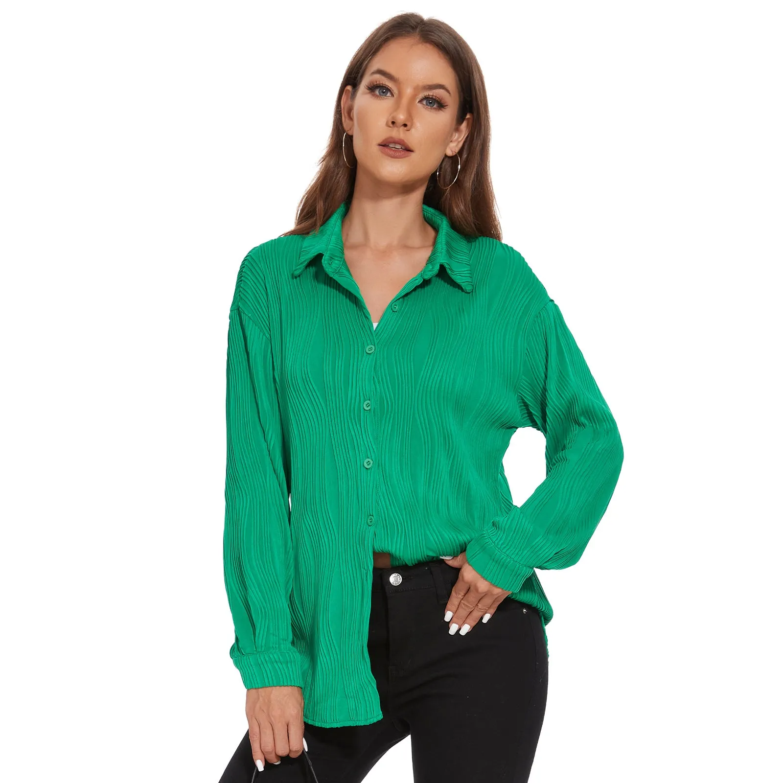 Womens Long Sleeve Button Down Shirts for Women Wave Textured Blouses for Women Dressy Casual Office Work Blouses Tops