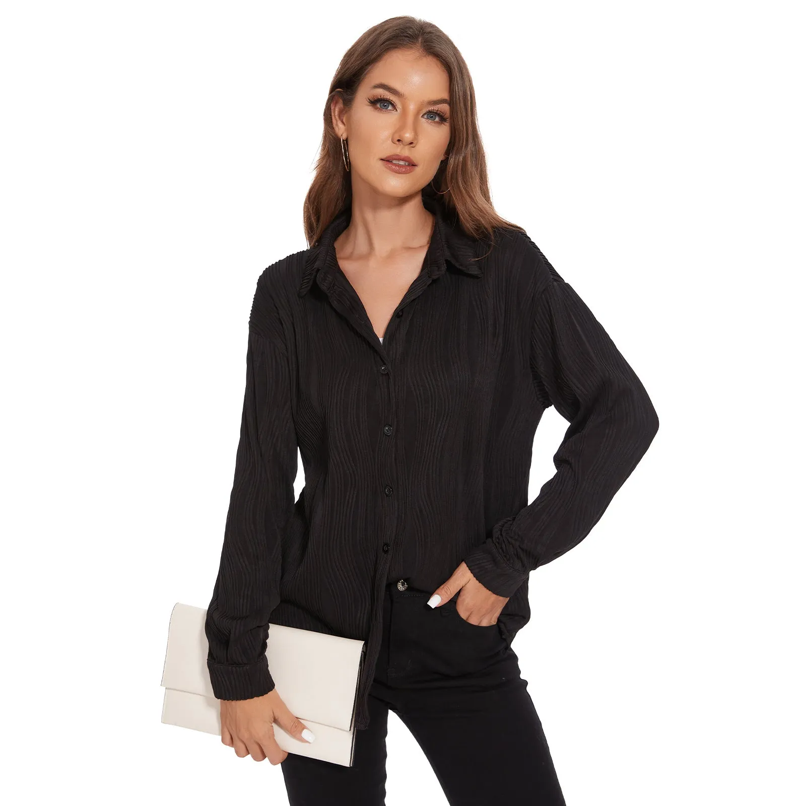 Womens Long Sleeve Button Down Shirts for Women Wave Textured Blouses for Women Dressy Casual Office Work Blouses Tops