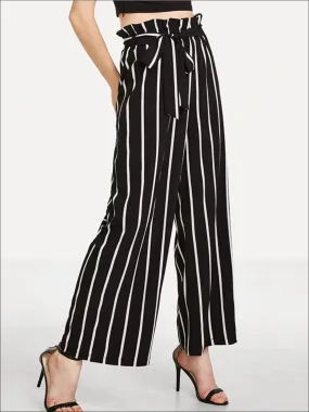 Women's Striped Ruffled High Waist Pants