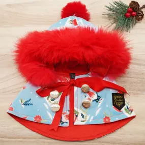 Xmas Hoodie Cape - Light Blue Elves Print with Red Faux Fur Trimmings