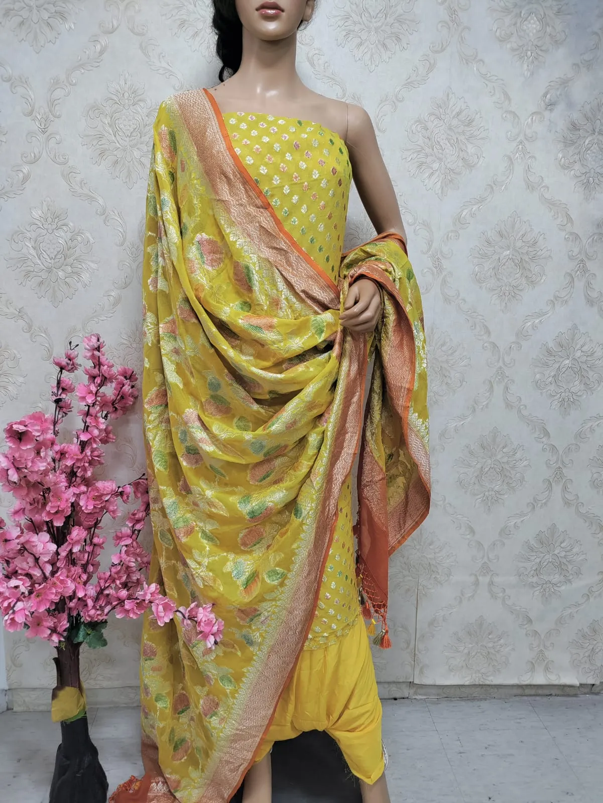 Yellow Handloom Banarasi Pure Georgette Georgette Brush Dye Unstitched Suit Set