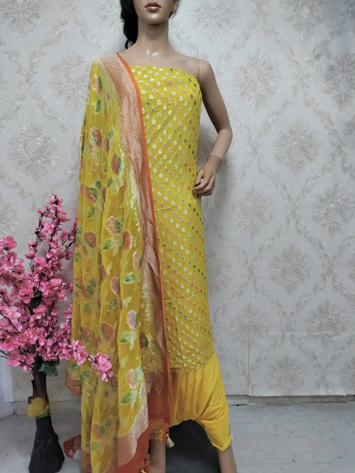 Yellow Handloom Banarasi Pure Georgette Georgette Brush Dye Unstitched Suit Set